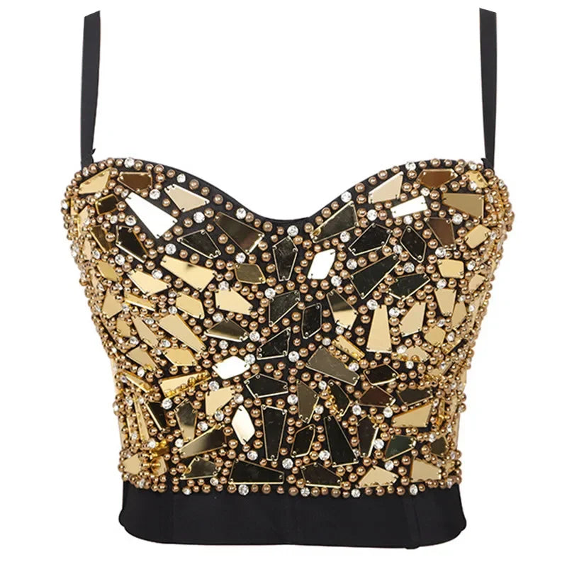 Black beaded mosaic crop with sweetheart neckline and thin straps embellished with gold mirrors sexy club camisole top for parties