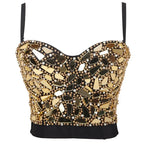 Black beaded mosaic crop with sweetheart neckline and thin straps embellished with gold mirrors sexy club camisole top for parties