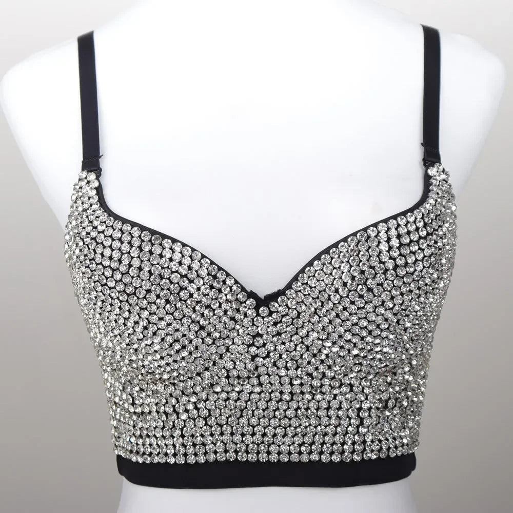 Silver rhinestone embellished crop with black straps and band sexy club camisole top for party nights