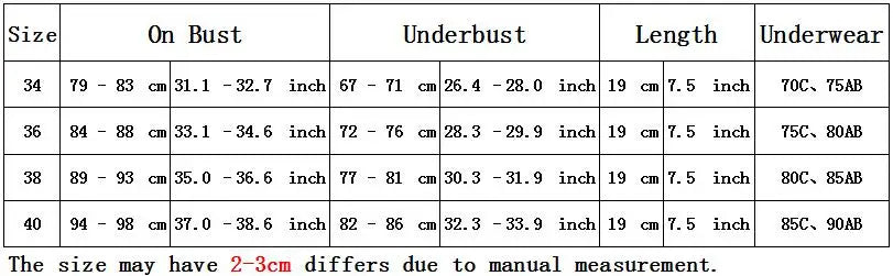 VacationGrabs size chart for sexy club camisole top showing bust underbust length and recommended underwear sizes