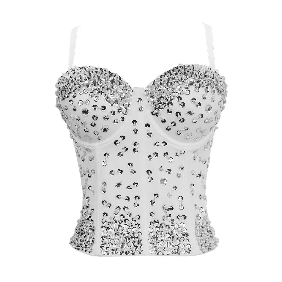 White rhinestone embellished bustier with structured cups and straps sexy club camisole top for parties
