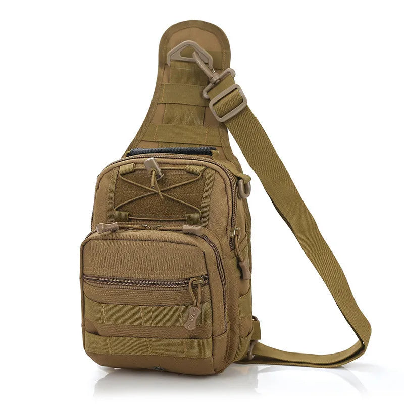 Brown tactical shoulder bag, durable fabric for outdoor use