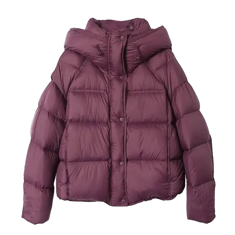 Women's purple puffer coat, lightweight for winter warmth