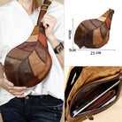 Small leather satchel for vacations featuring a unique patchwork design and spacious interior for essentials