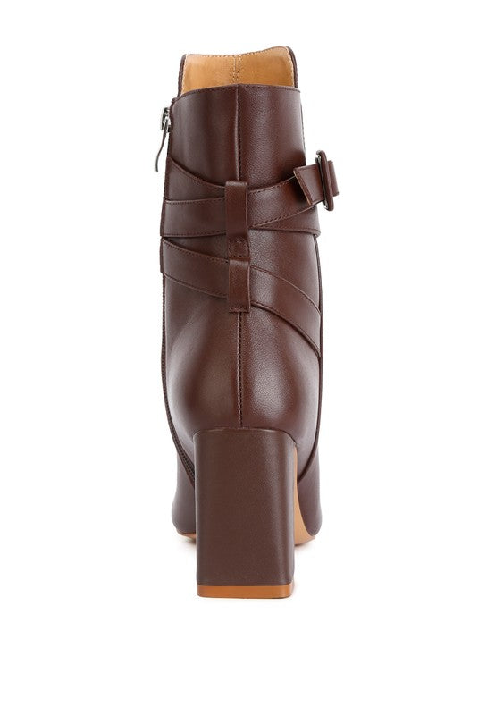 Brown Rag Company cobra buckle ankle boots with a stylish chunky heel and unique strap design