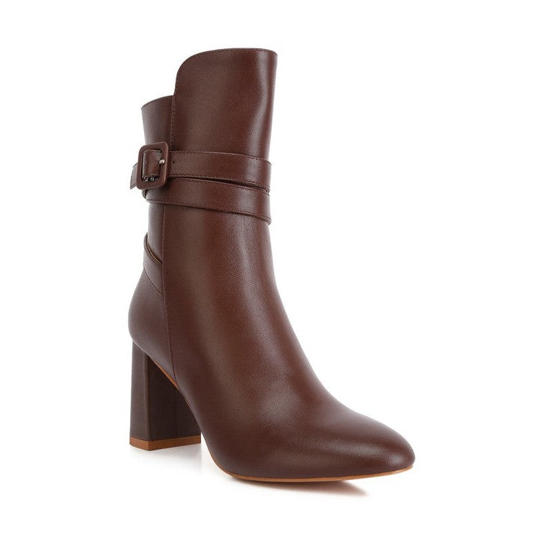 Rag Company cobra buckle ankle boots in brown with a stylish block heel design