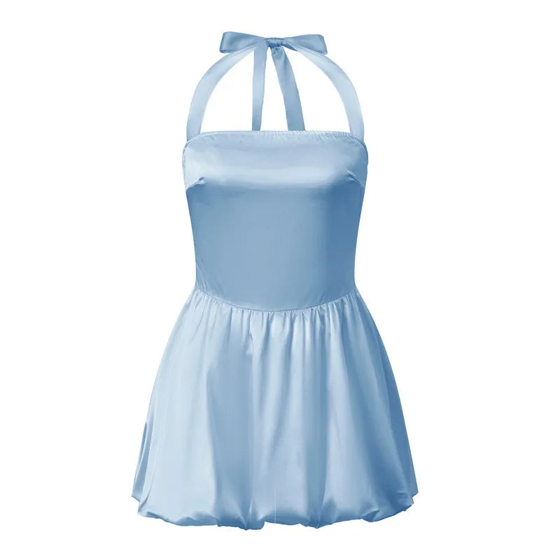 Light blue cocktail dress with halter neckline, perfect for summer parties