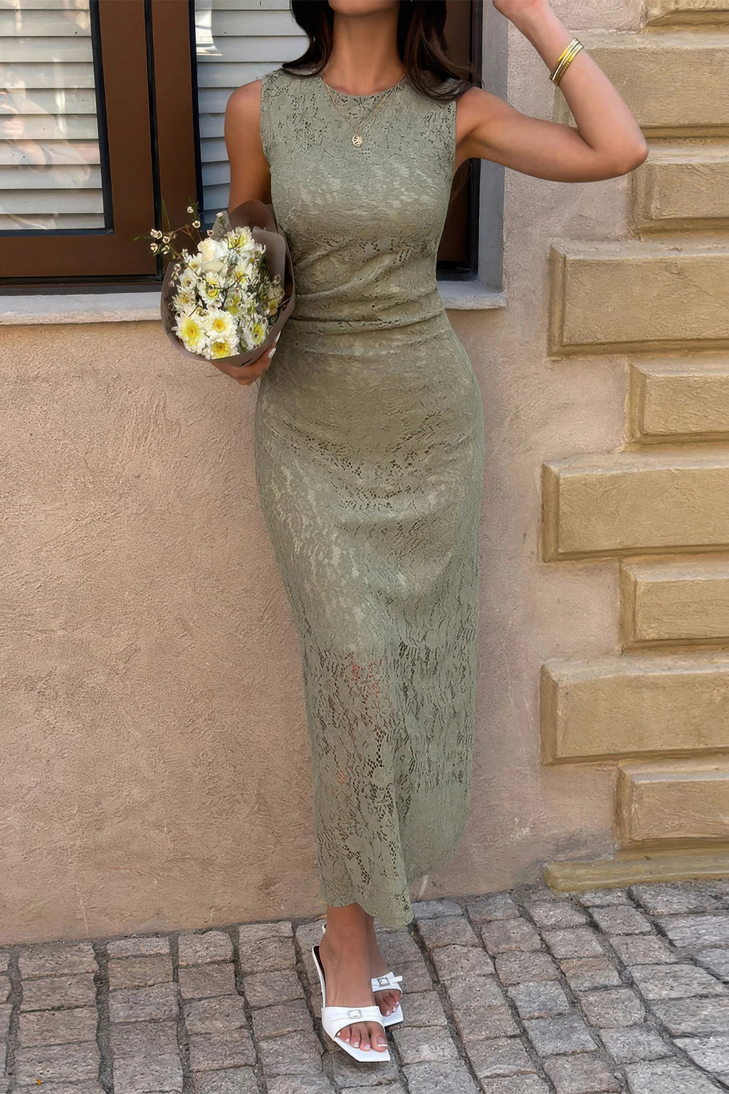 Women's olive green lace cocktail dress, perfect for summer parties