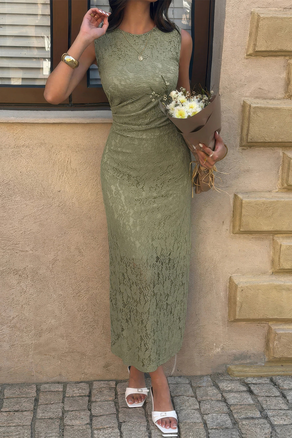Women's olive green lace cocktail dress, perfect for evening events