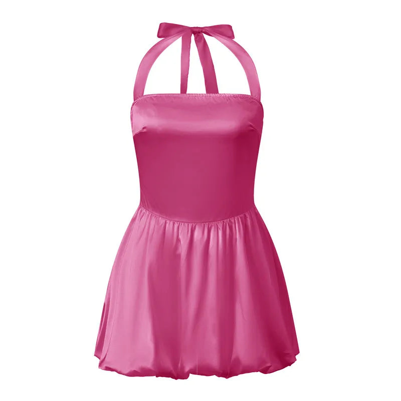 Women's pink satin cocktail dress, perfect for summer parties