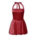 Red satin cocktail dress, halter neck, perfect for parties
