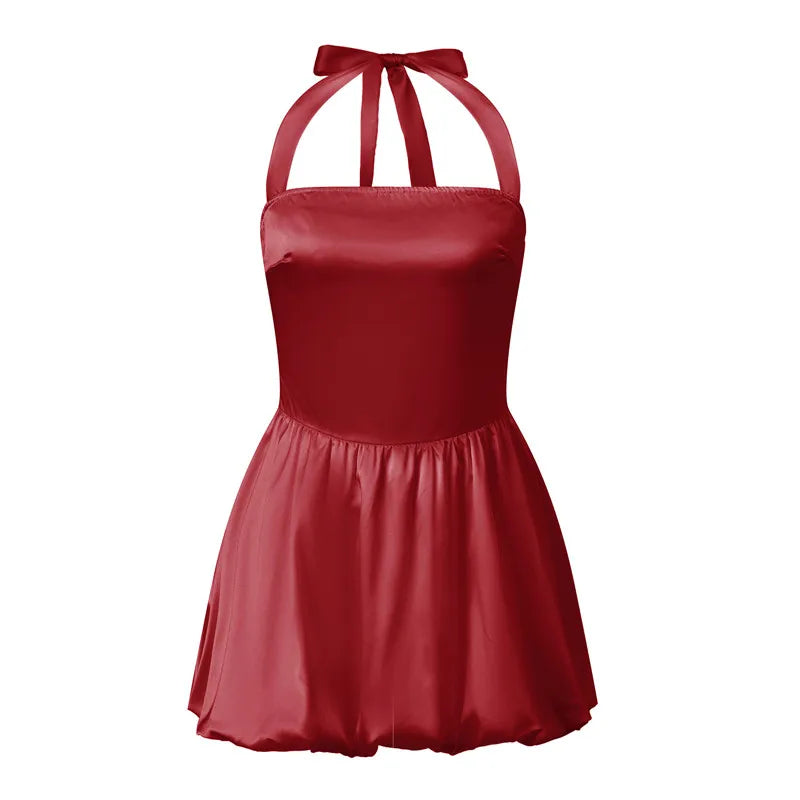 Red satin cocktail dress, halter neck, perfect for parties