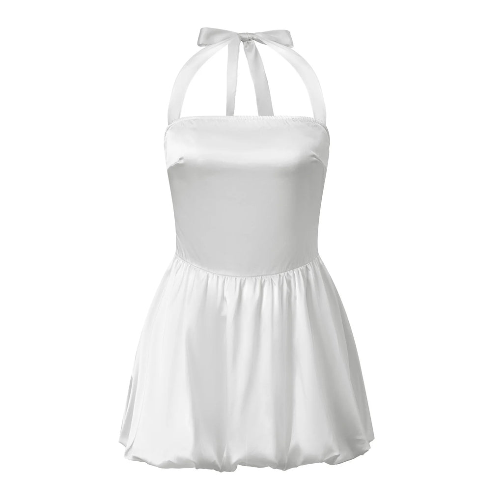 Women's white cocktail dress, halter neck, perfect for summer events