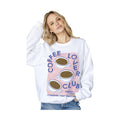 VacationGrabs coffee lovers club sweatshirt with three coffee cup illustrations on a white women's sweatshirt