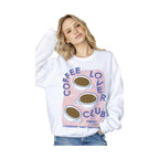 VacationGrabs coffee lovers club sweatshirt with three coffee cup illustrations on a white women's sweatshirt