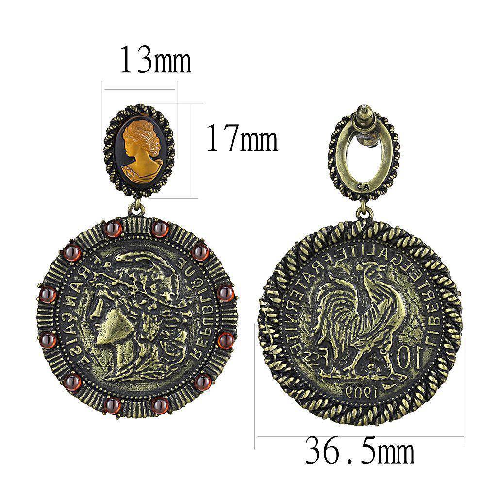 Vintage Coin Design Dangle Earrings for Women with Red Accents and Antique Finish