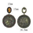 Vintage Coin Design Dangle Earrings for Women with Red Accents and Antique Finish