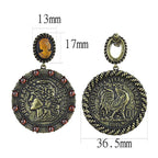 Vintage Coin Design Dangle Earrings for Women with Red Accents and Antique Finish