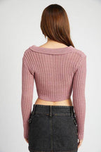 Back view of Emory Park Collar Knit Top for Vacation in pink with a cropped design and long sleeves