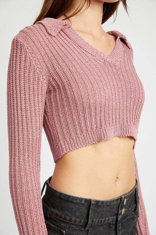 Emory Park Women's Collar Knit Top for Vacation in light pink with long sleeves and cropped design