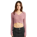 Emory Park Women's Collar Knit Top for Vacation in Soft Pink with Cropped Design and Long Sleeves