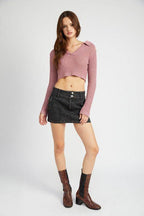 Emory Park Women's Collar Knit Top for Vacation in Light Pink with Ribbed Design and Casual Crop Fit