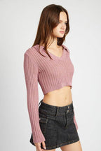 Emory Park Women's Collar Knit Top for Vacation in Pink with Cropped Fit and Long Sleeves