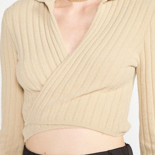 Women's Shirts Collared Long Sleeve Crop Top