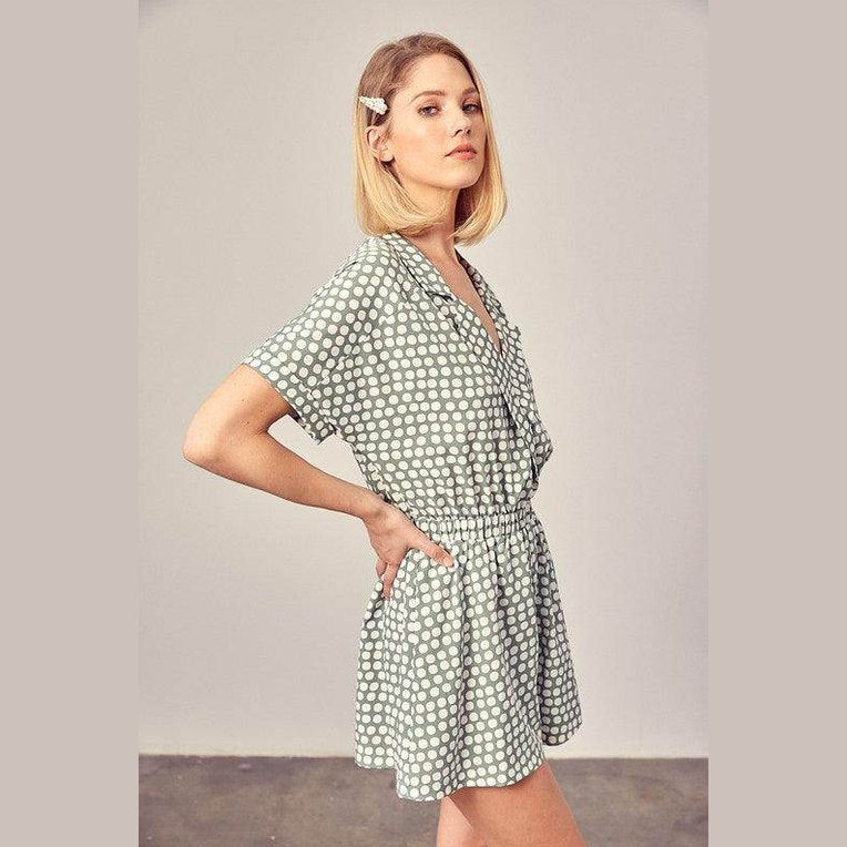 Collared Overlap Polka Dot Romper - VacationGrabs
