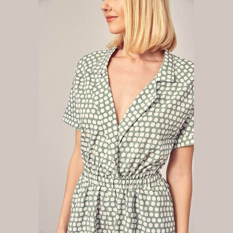 Collared Overlap Polka Dot Romper - VacationGrabs