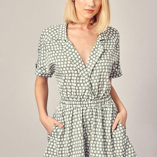 Women's Jumpsuits & Rompers Collared Overlap Polka Dot Romper