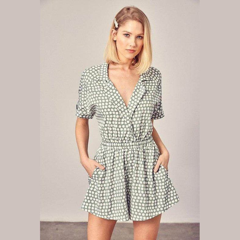 Collared Overlap Polka Dot Romper - VacationGrabs