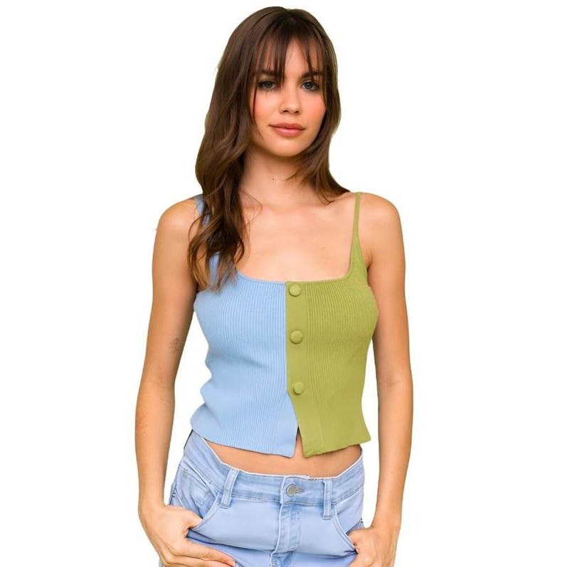 Color Block Button Front Sweater Top - VacationGrabs
