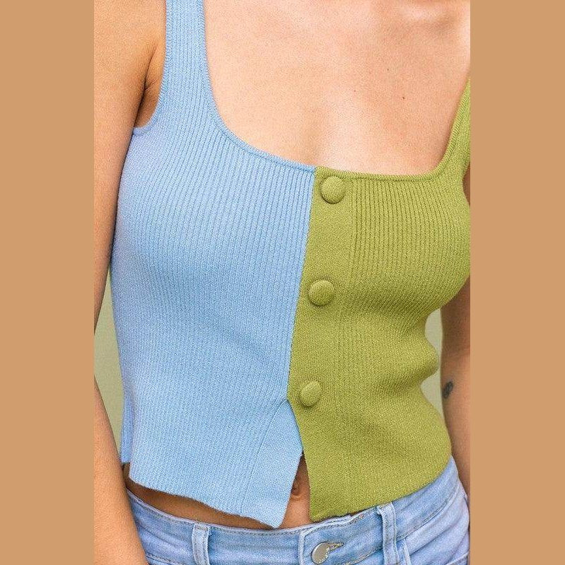 Color Block Button Front Sweater Top - VacationGrabs