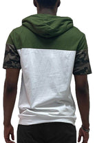 Men's WEIV color block casual tee with olive green hood and camouflage sleeves