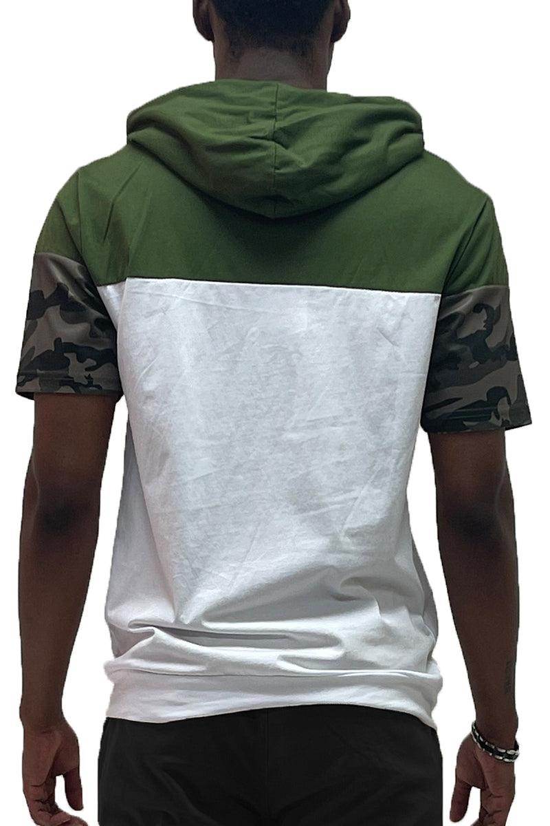 Men's WEIV color block casual tee with olive green hood and camouflage sleeves