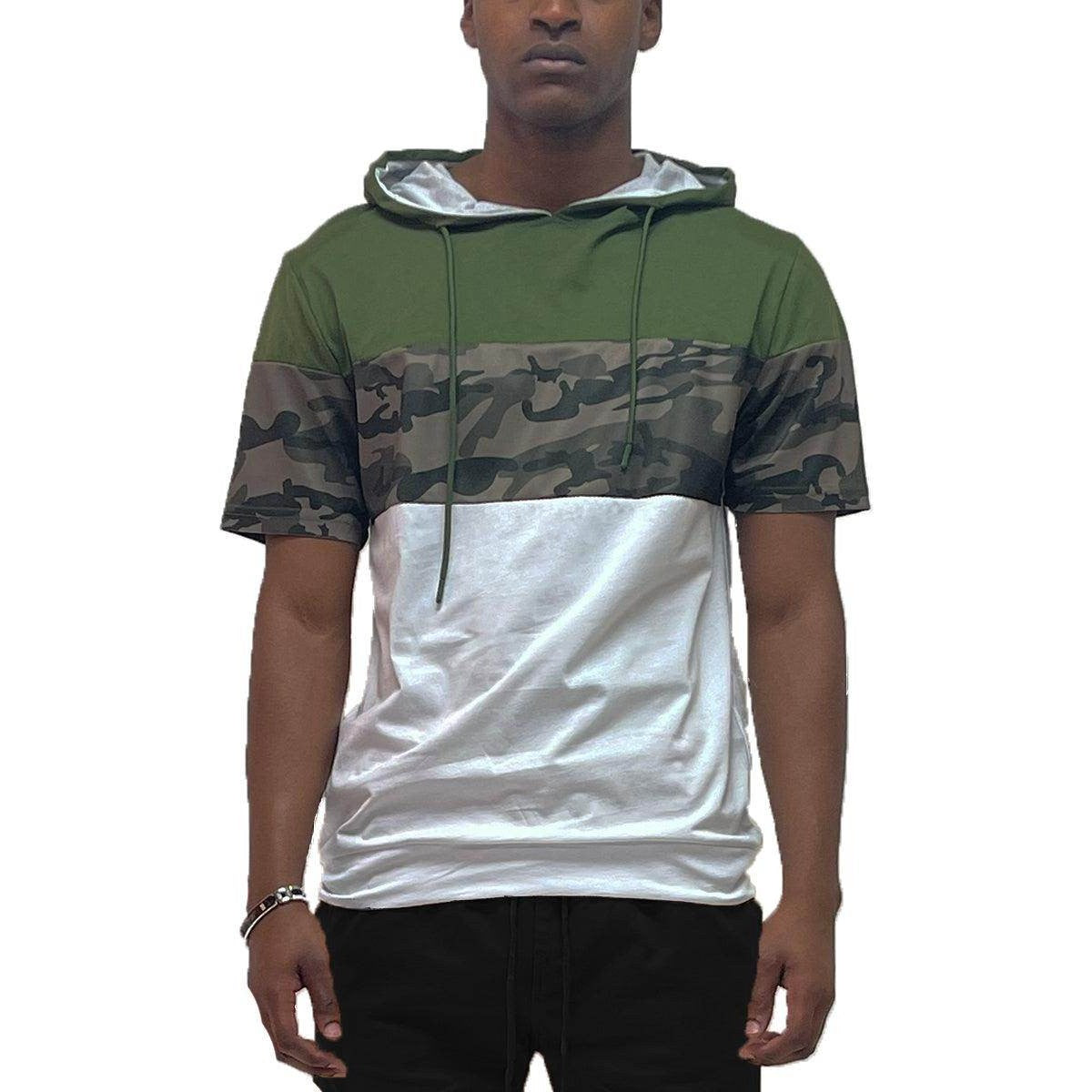 WEIV men's color block casual tee in green and camouflage with a stylish hood