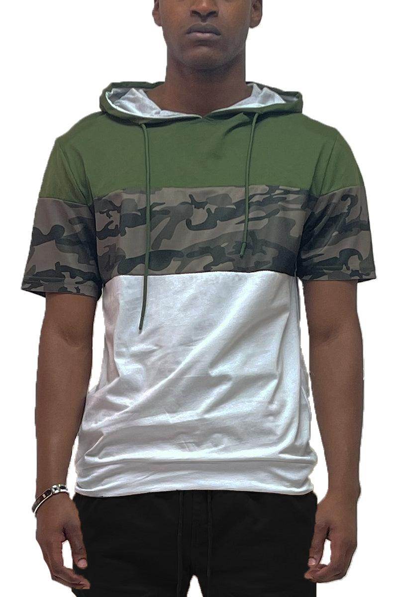 WEIV men's color block casual tee in green and camouflage with a stylish hood