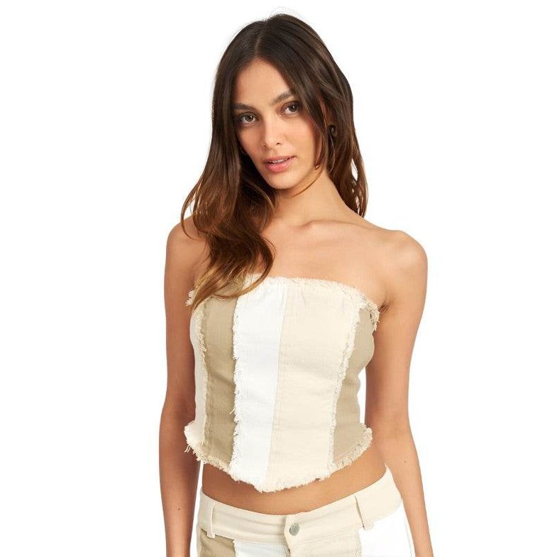 Emory Park color block corset top for women with a trendy strapless design and frayed edges