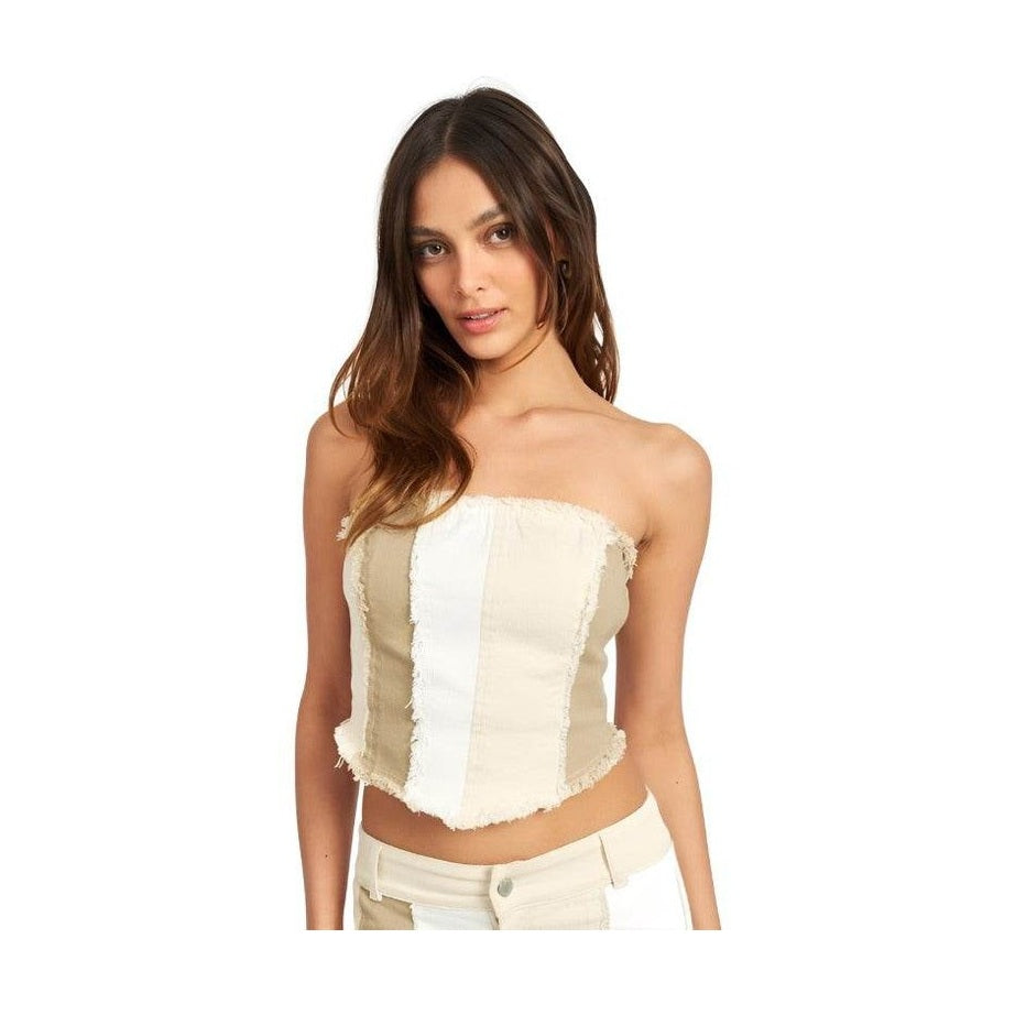 Emory Park color block corset top for women with a trendy strapless design and frayed edges