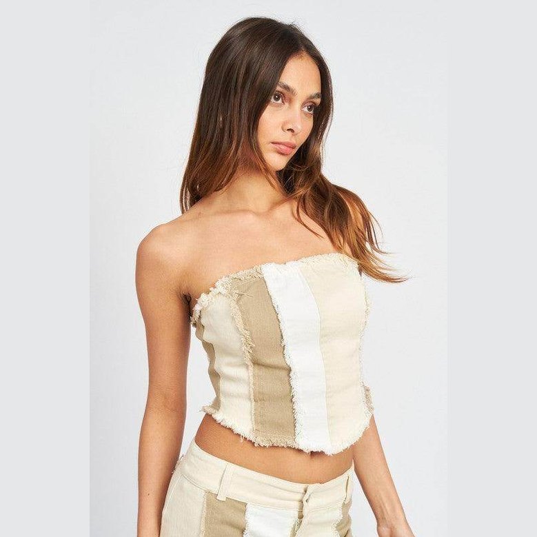 Emory Park color block corset top for women with a stylish strapless design and frayed edges