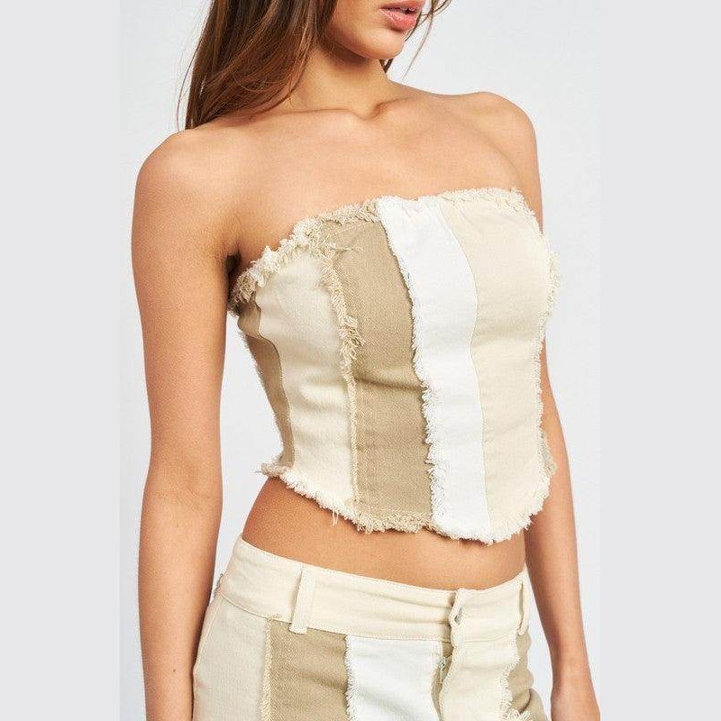 Emory Park color block corset top featuring frayed edges in neutral tones