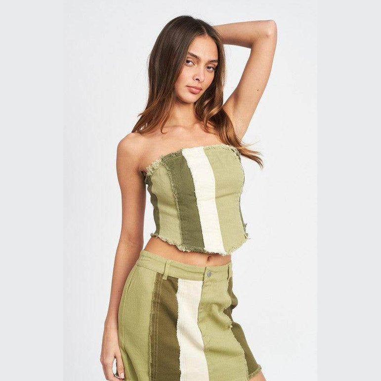 Emory Park color block corset top in olive green with a stylish frayed hem design