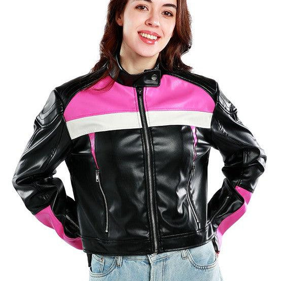 Women's Coats & Jackets Color Block Faux Leather Biker Jacket
