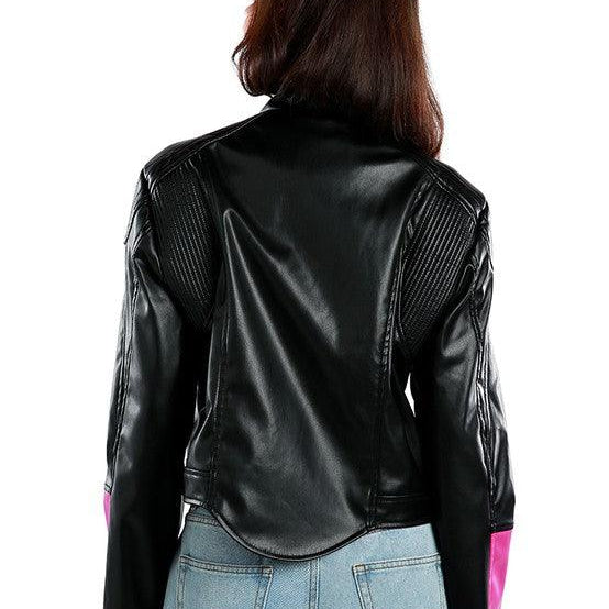 Women's Coats & Jackets Color Block Faux Leather Biker Jacket