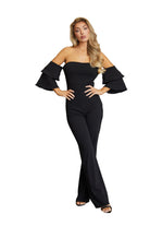 Color block formal jumpsuit by VacationGrabs featuring off-shoulder design and flared sleeves