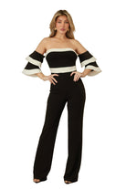 Stylish color block formal jumpsuit for women featuring off-shoulder design and ruffled sleeves