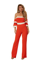 Color block formal jumpsuit in red and white with off-shoulder sleeves for stylish occasions