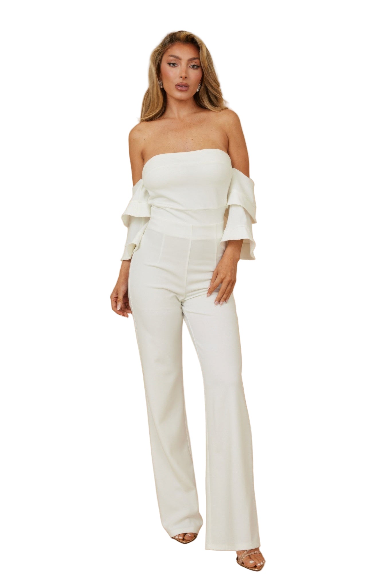 Elegant color block formal jumpsuit for women featuring a strapless design and flared legs