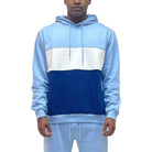 Color block hoodie mens fashion in blue and white with a comfortable front pocket and adjustable drawstring.